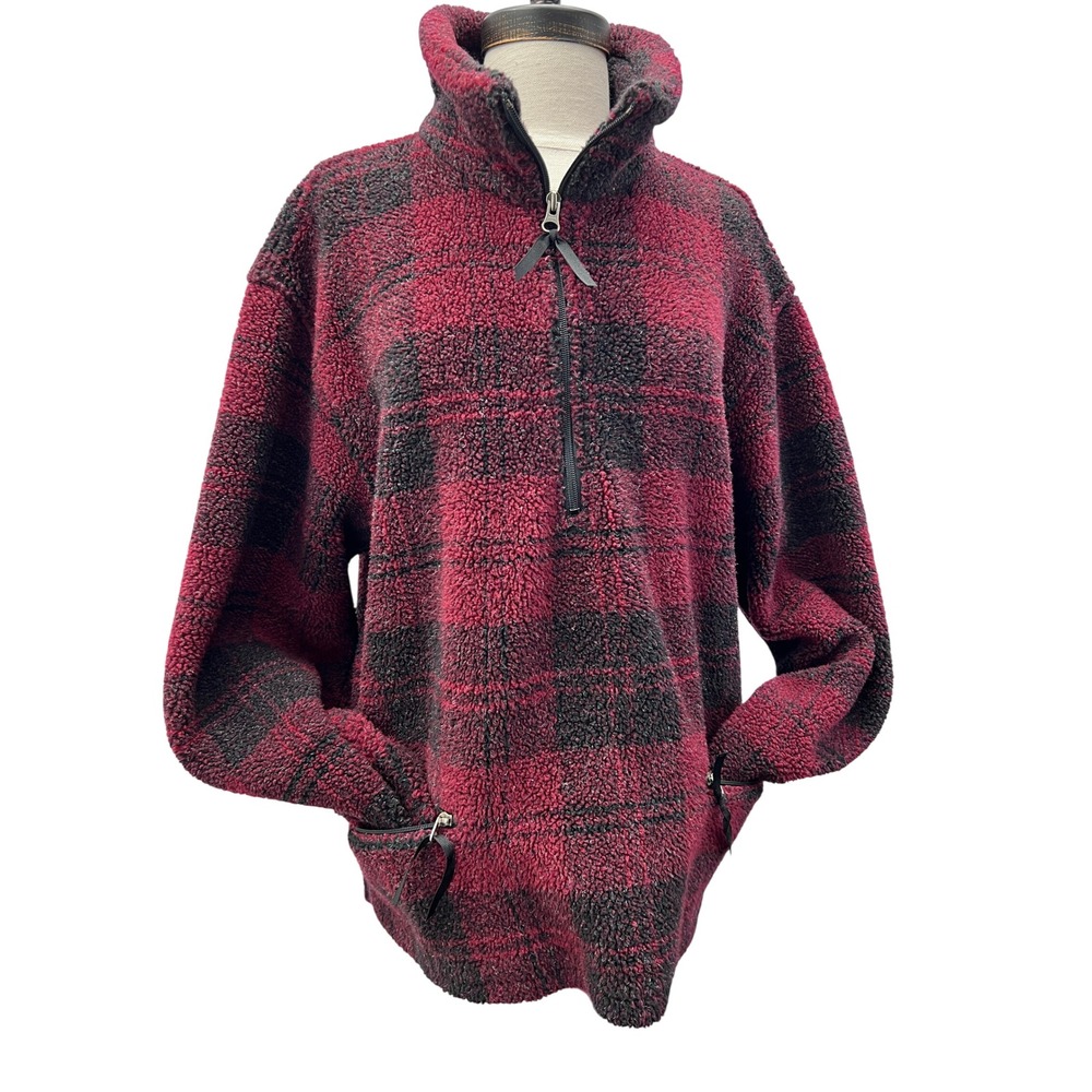 Woolrich Fleece Pullover Womens XL Red Plaid Excellent Quarter Zip Sherpa USA